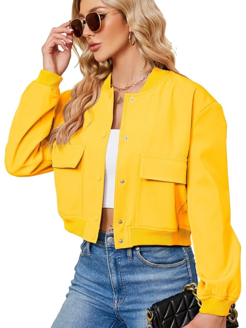 Women's Yellow Stylish Short Trendy Casual Lightweight Side Pocket Bomber Jacket